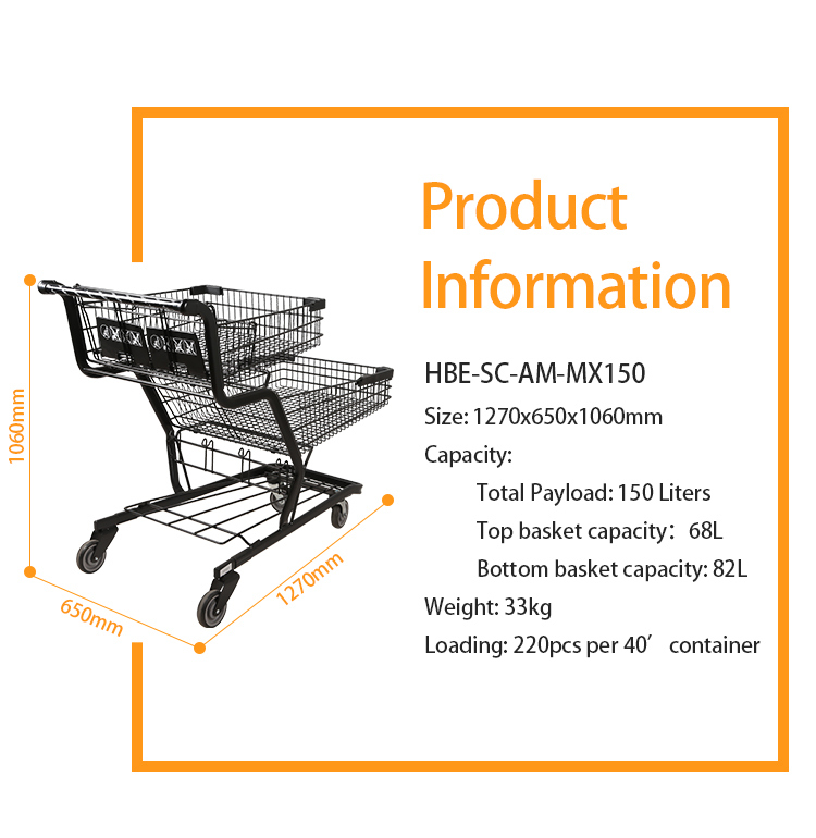 150L Double Baskets Metallic 2 Tier Shopping Trolley Cart