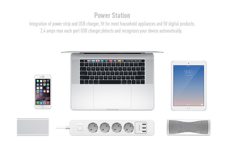 Overload Protection Universal Power Strip 4 Outlet Extension Switched Socket with Smart USB Charging Port
