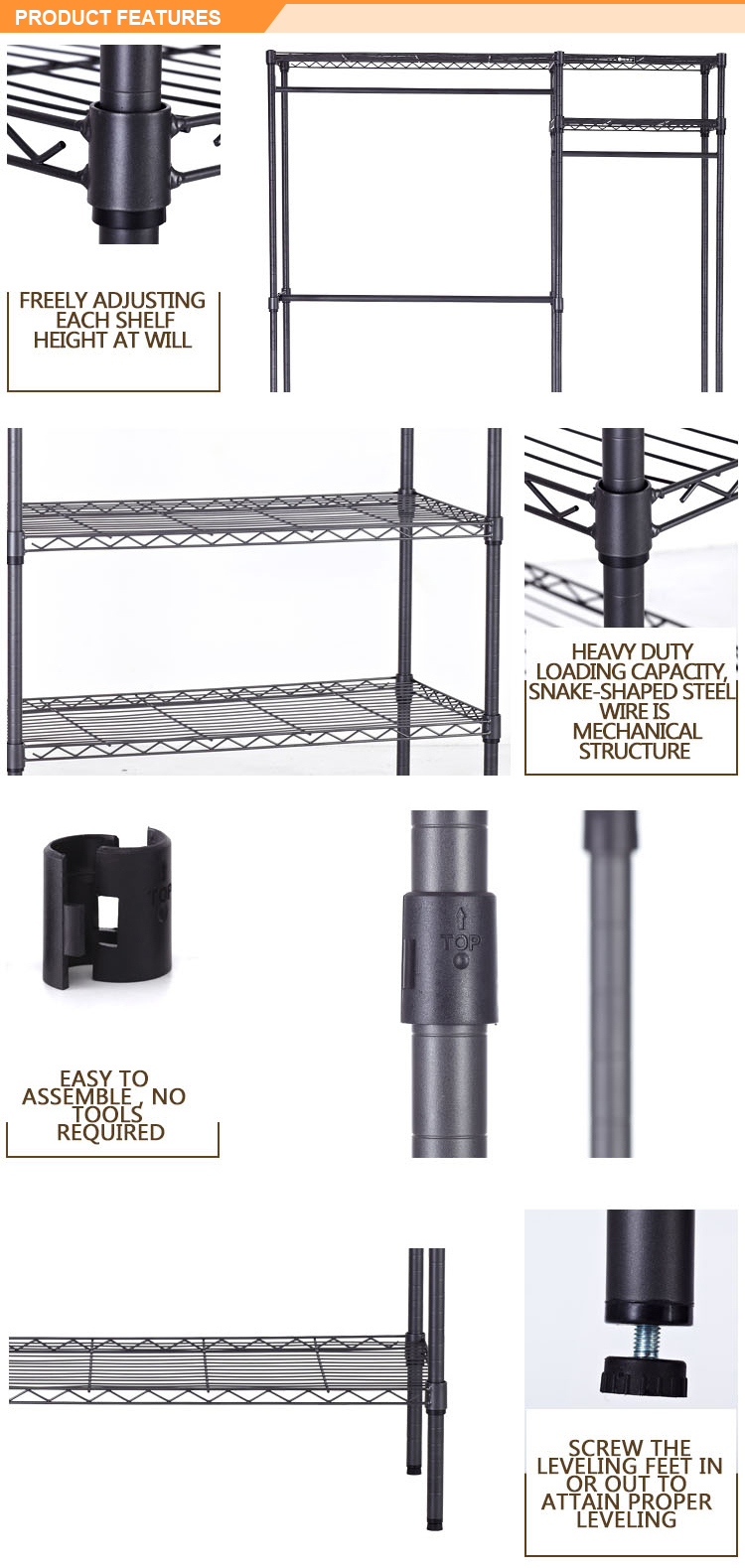 Mobile Adjustable DIY 3 Tiers Black Epoxy Coated Wire Metal Garment Rack Shelf with Hook