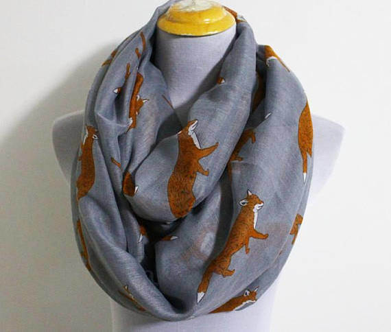 Gray Fox Infinity Scarf, Little Fox Scarf, Fall Scarf, Loop Scarf, Winter Scarf, Christmas Gift, for Her, Winter Shawl, Autumn Scarf