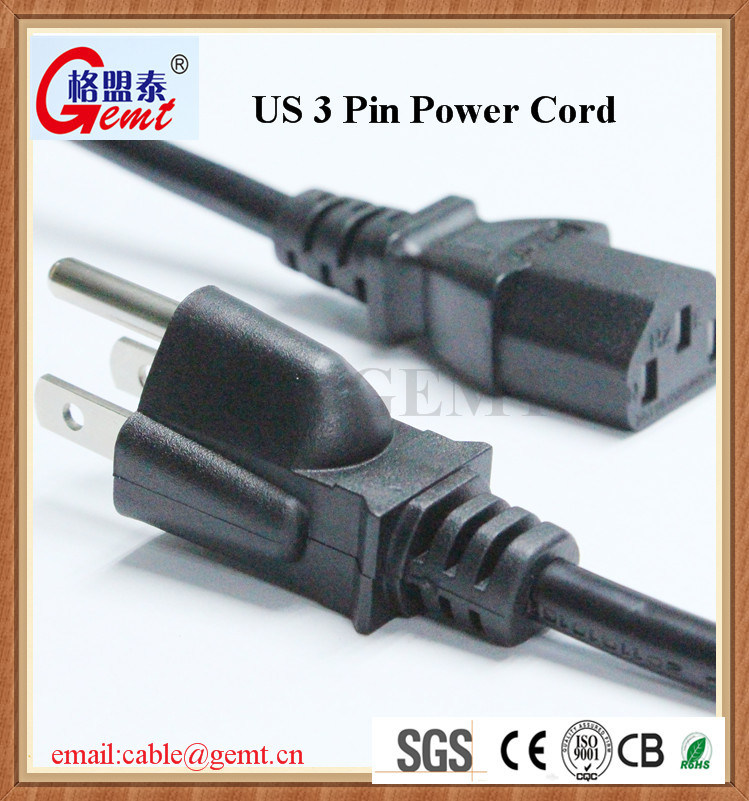 UL USA American Standard 3 Pin Plug with Round Cable and PC Power Connector American Standard Us 3 Pin AC Power Cord