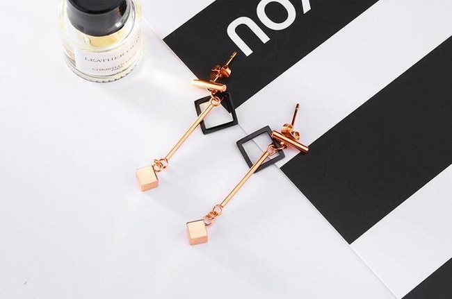 Fashion Brand Tassel Love T Black Square Long Drop Earrings Rose Gold Color Stainless Steel Women Party Christmas Gift