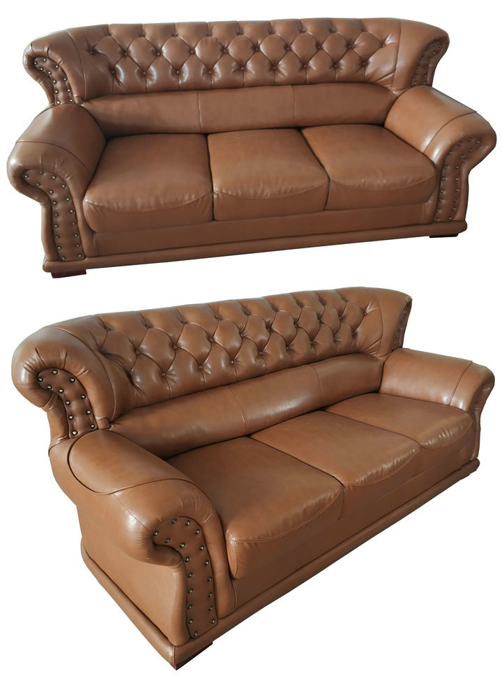 Brown Color Home Furniture Genuine Leather Sofa with Button Design (619)
