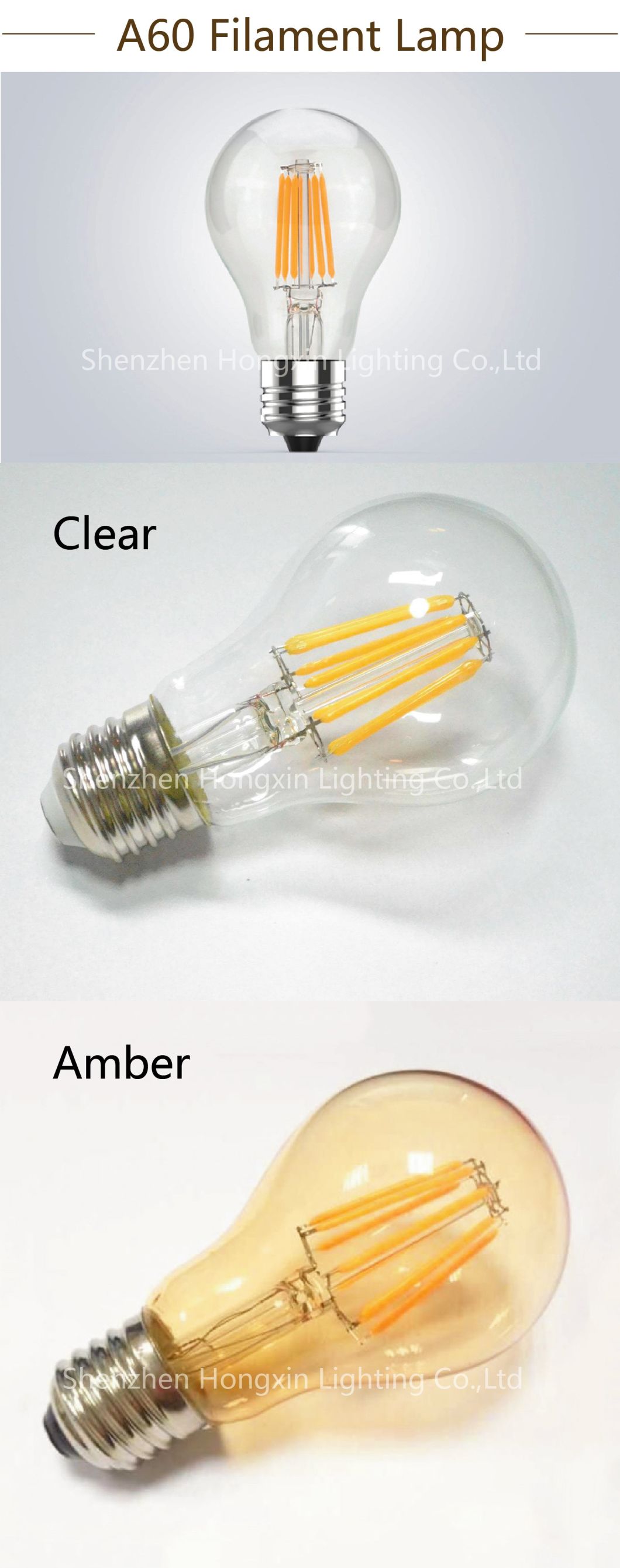 A19/A60 LED Filament Light Bulb 2W~8W Dimmable LED Filament Bulb
