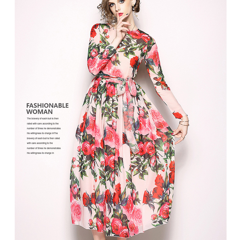 2018 Hot Sale Floral Printing Chiffon Wide Hem Fashion Dress