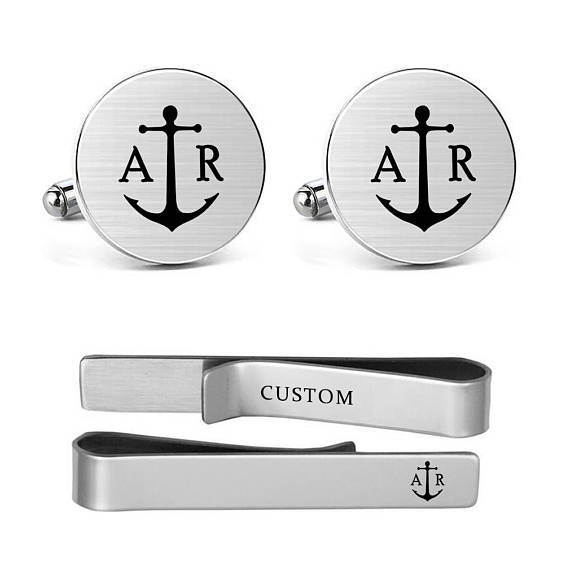 Simple Design Boat Hook Stainless Steel Cufflinks and Tie Clip
