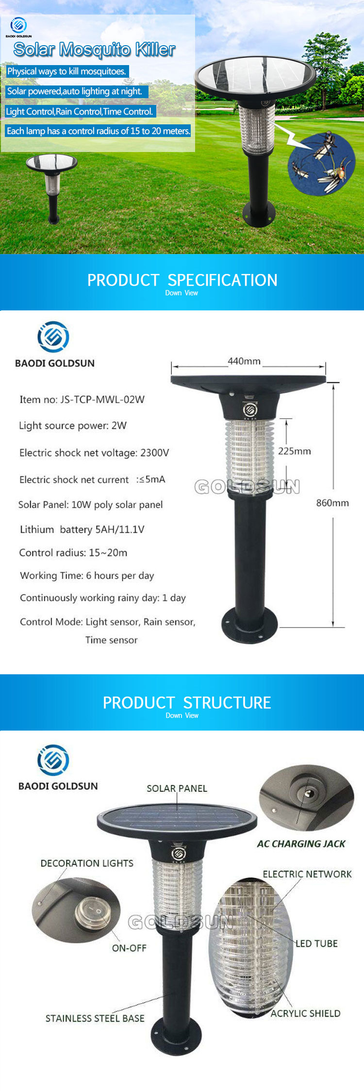 Solar Powered Mosquito Killer Lamp Kill Insect in Garden, Yard, Plant Pest Control