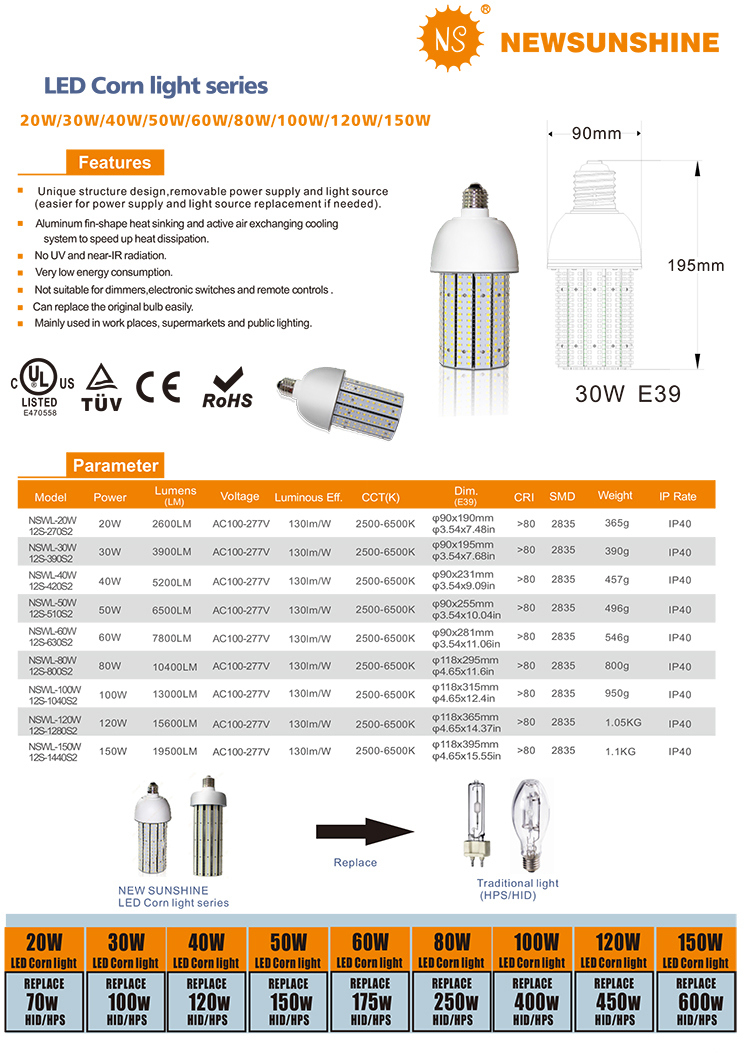 UL Dlc Lm79 Listed 13500lm E39 E40 100W Corn LED Street Light