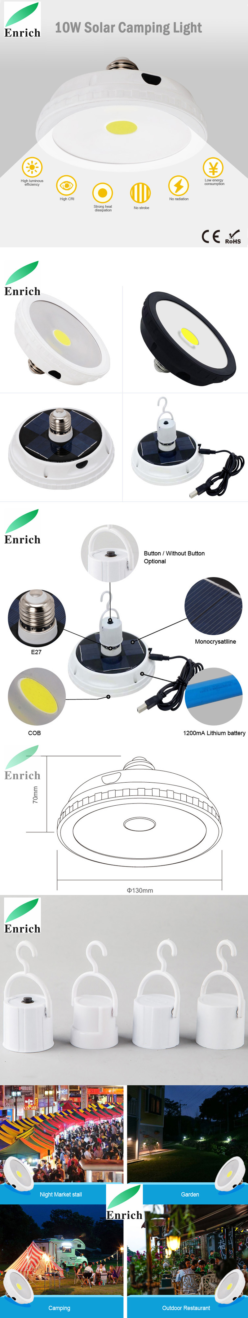 New Arrival 10W Dimmable UFO Solar Rechargeable LED Bulb Light for Camping