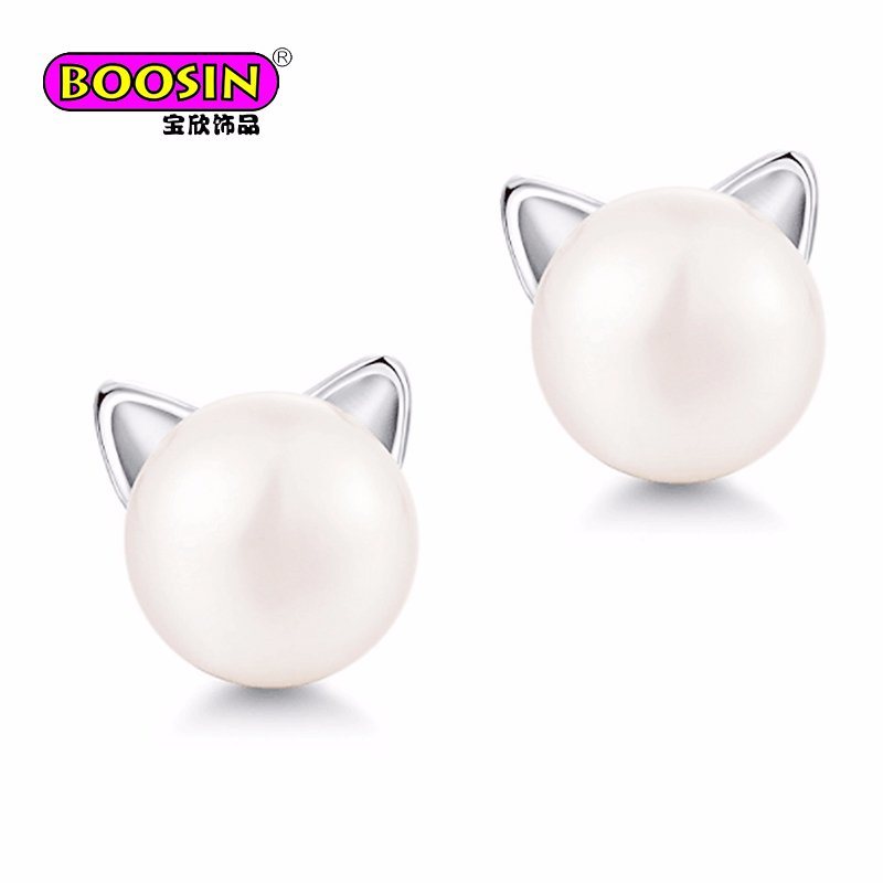 2018 New Design Fashion Lovely 925 Sterling Silver Cat Pearl Earring Studs
