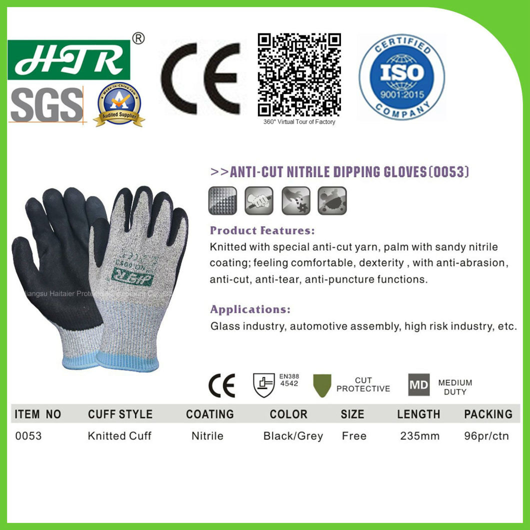 Super Cut Resistant Anti Abrasion Safety Work Gloves with Sandy Nitrile Dipping/Coating/Coated