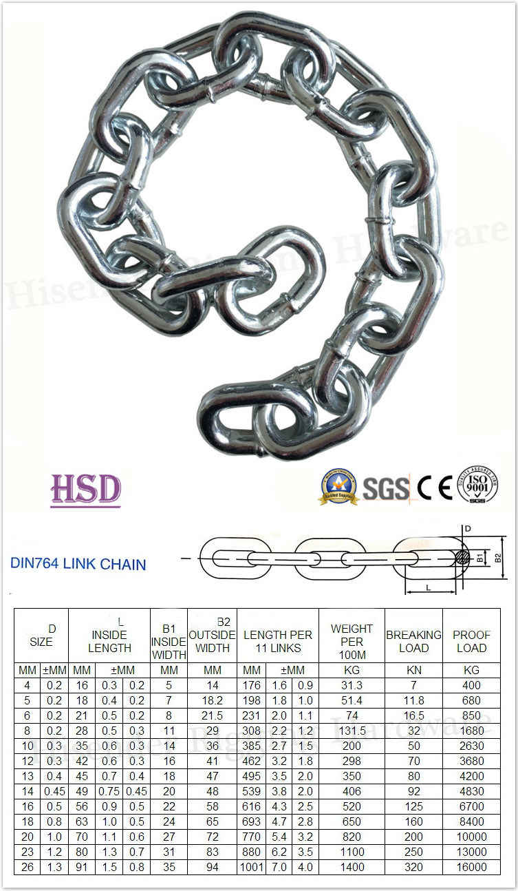 E. Galvanized (DIN763/DIN766/DIN5685) DIN764 Chain Link with Factory Certificate