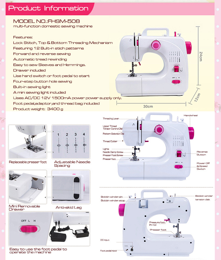 Zig Zag Homeuse Overlock Electric Multi-Function Sewing Machine Fhsm-508