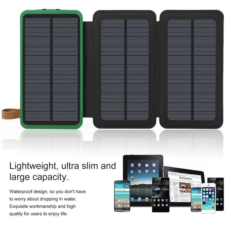 Solar Power Bank Waterproof Mobile Power Doubled Fold Portable Charger Power with Camping Light