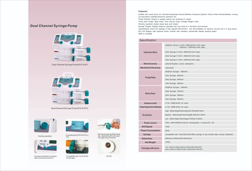 Ce Approved Medical Automatic Double Channel Syringe Pump for Hospital-Byz-810tu