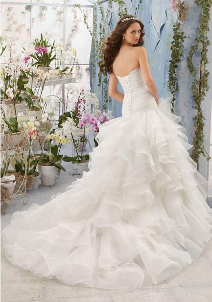 Luxury Ivory Pleat Ruffle Sweetheart Corset Organza Flounce Wedding Gown