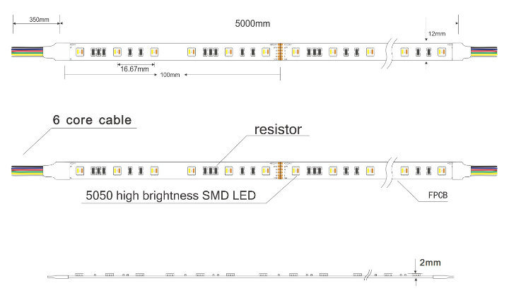 5050SMD 120 Degree Beam Angle RGB+W+W (RGB+CCT) 60LEDs/M High Brighness LED Strip for LED Flexible Neon Flex Lights