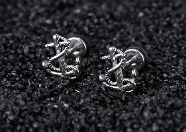 Hot Sell Cool Black Silver Gold Anchor Stud Earrings for Men Stainless Steel Jewelry Wholesale