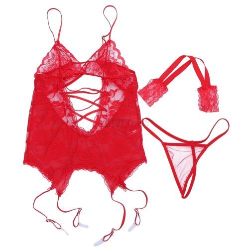 Lingerie Lace Transparent Handcuff + G-String+ Garters+Stockings Sex Toys Erotic Lingerie Sexy Costumes