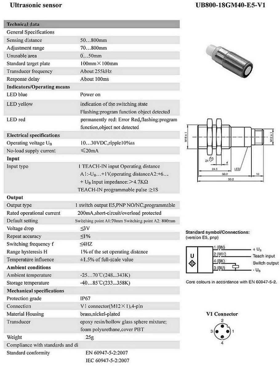 M18 Ultrasonic Sensor, Ub800-18GM40-E5-V1, Sensor