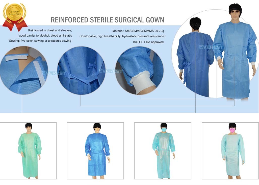 Non Woven/SMS/CPE Medical Gown/Hospital Gown/Surigcal Gown/Surgeon Gown/PP Sterile Reinforced Disposable Surgical Gown, Isolation Gown, Disposable Patient Gown