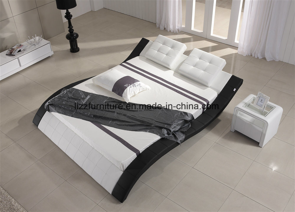 Modern Adjustable Leather Bedroom Bed with Wooden Slat