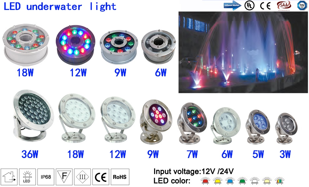 12V IP68 Stainless Steel Material DMX RGB 9W 12W Fountain LED Underwater Light