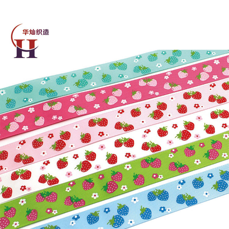 Beautiful Printed Polyester Grosgrain Ribbon with Strawberry