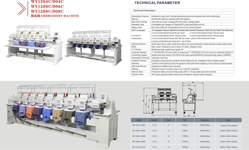 6 Head High Speed Embroidery Machine for Cap & T Shirt Wy1206CH