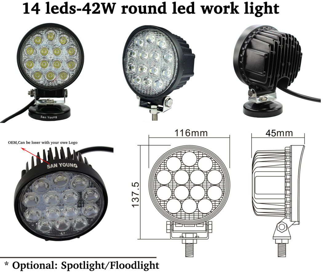 Factory Price 14LEDs 42W 12V 24V Round LED Work Light Offroad LED Driving Light