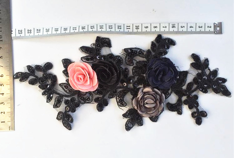 3D Flower Design Black Flower Lace Trim Applique for Ladies Clothes