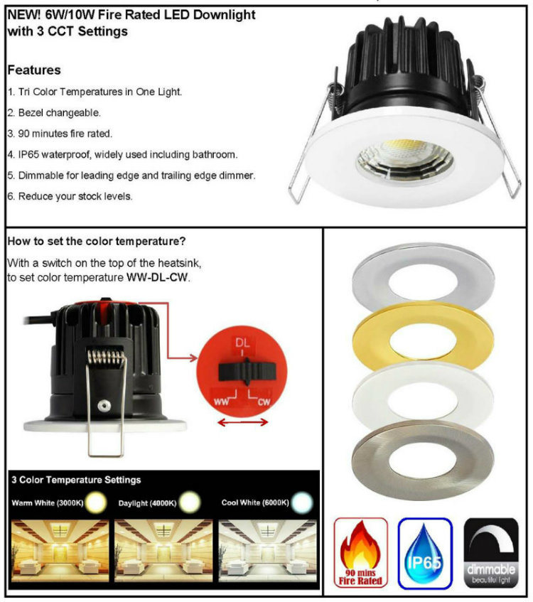 3 Color Temperature Changeable IP65 Dimmable LED Fire Rated Downlight