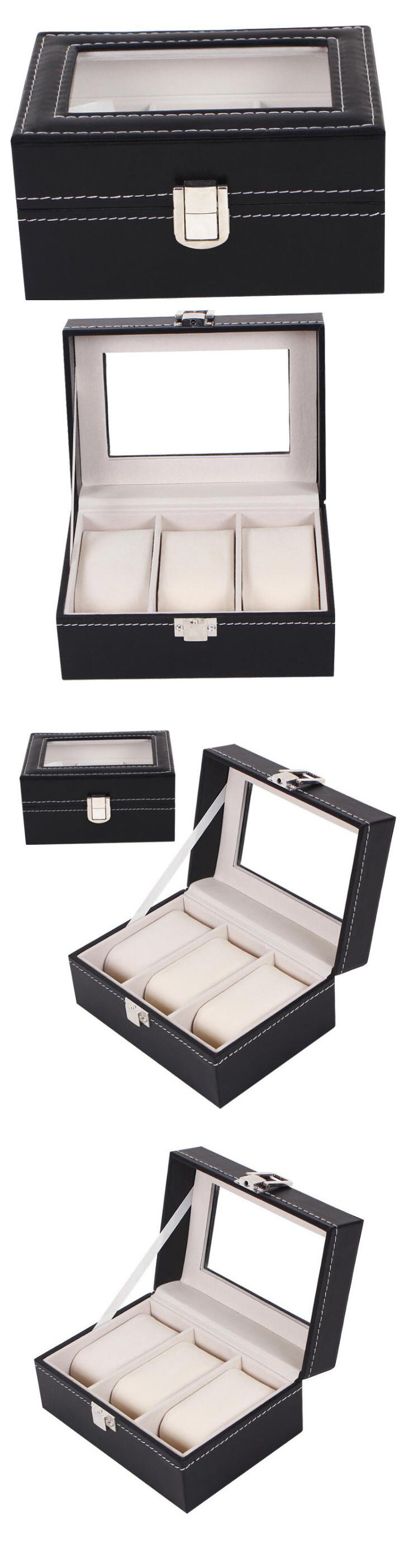 Spot Supply High Quality 3 Slots PU Leather Black Watch Storage Box, Wholesale Ready Stock PU Leather Watch Organizer Storage Case Jewelry Watch Box