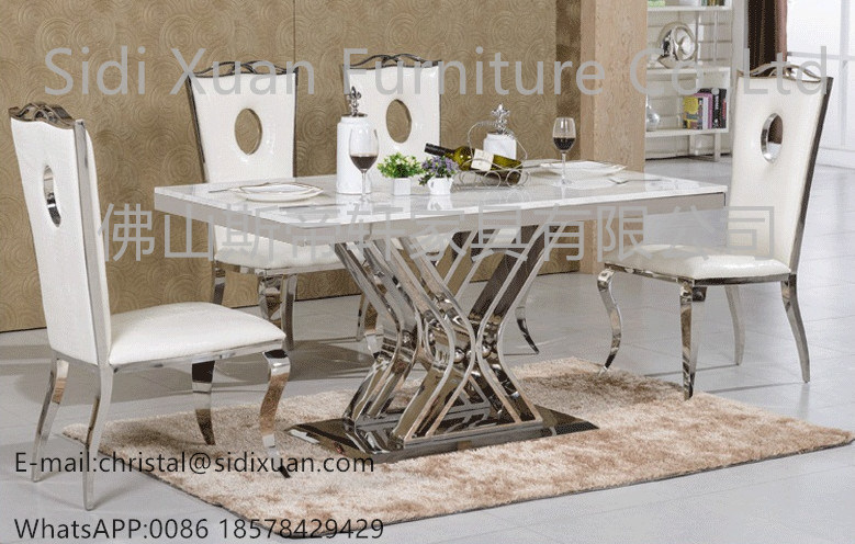 China Supplier Silver Stainless Steel Frame Dining Table Marble Top with Dining Chair for Home Furniture
