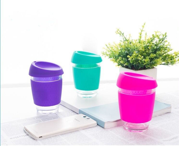Reusable Colorful Glass Coffee Cup with Silicone Sleeve Forpromotion