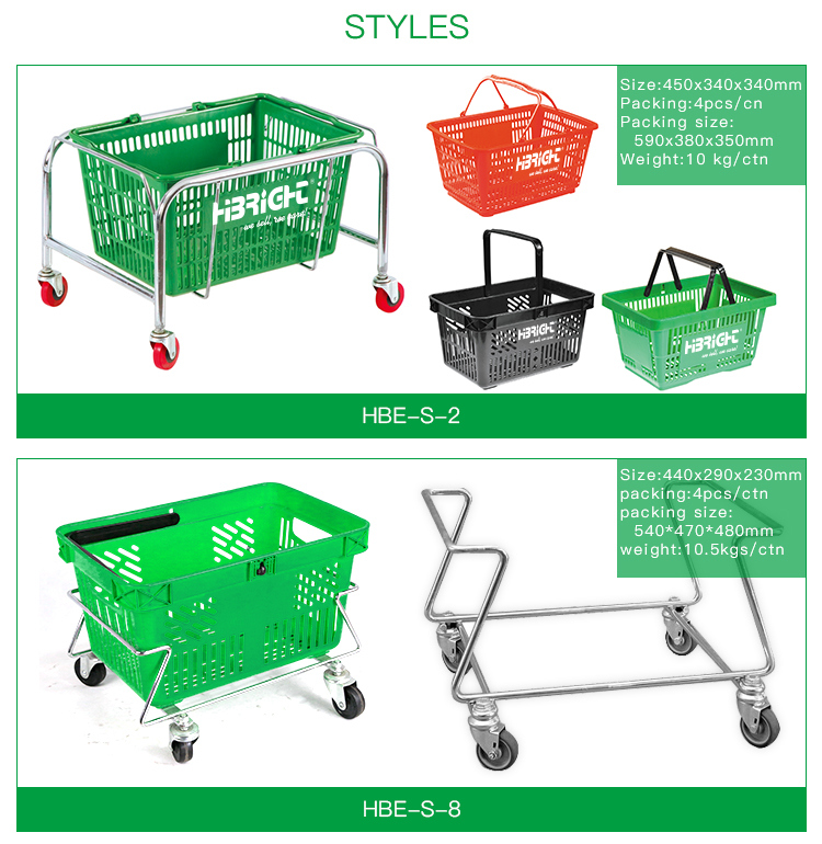 Plastic Double Handle Grocery Store Shopping Basket with Wheel