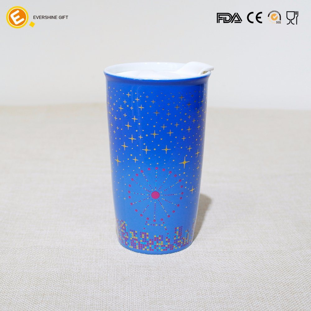 Double Color Ceramic Coffee Travel Mug with Plastic Lid