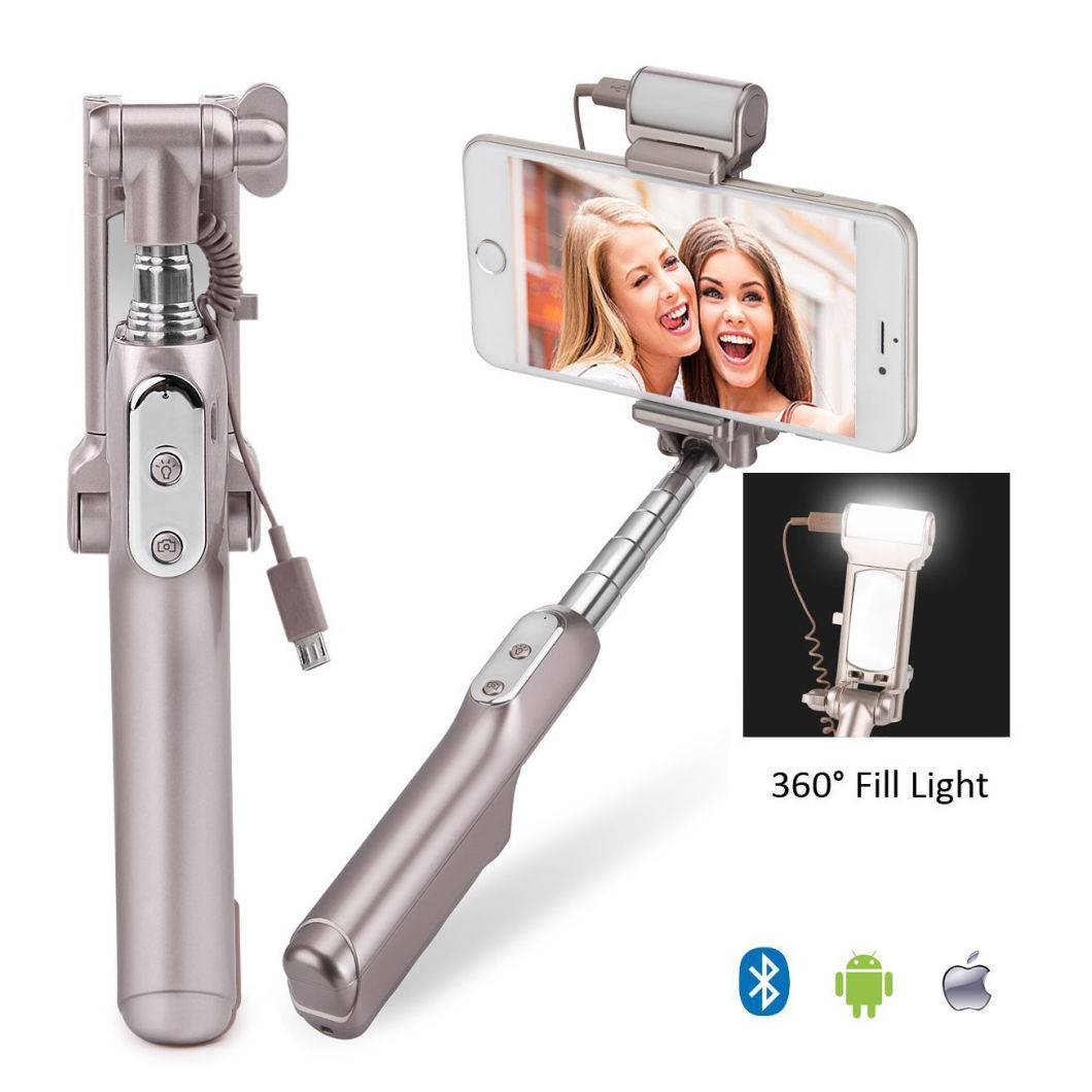 Bluetooth Selfie Stick with 360 Degree LED Fill Light and Mirror