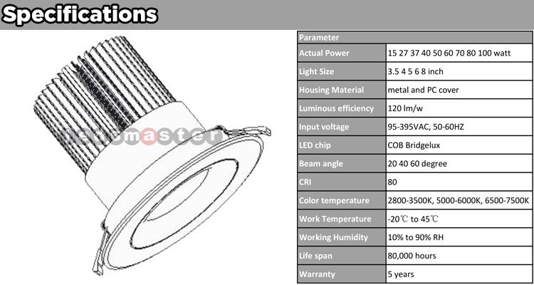 IP66 12000lm 8 Inch 100watt Recessed COB LED Downlight