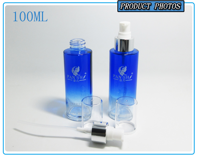 100ml Blue Cosmetic Glass Lotion Pump Bottle with Plastic Cap