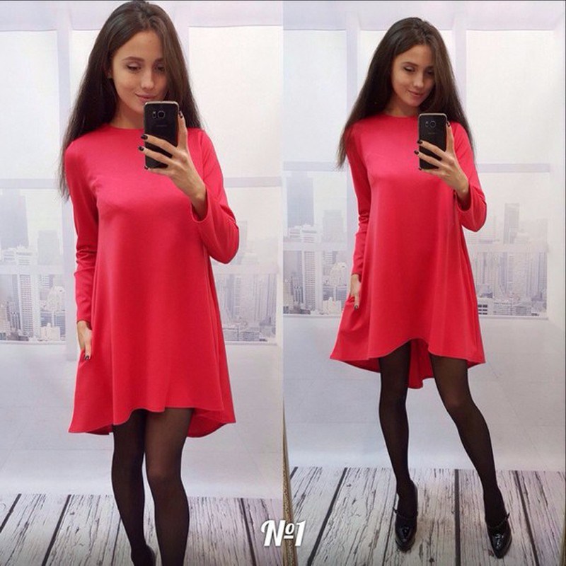 2016 Long Sleeve Pure Color Seam Detail Latest Design Women Fashion Tunic Dress