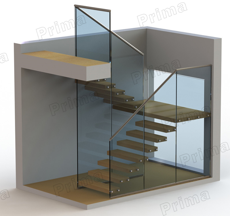 Customized Staircase Glass Railing & Wooden Step Detail