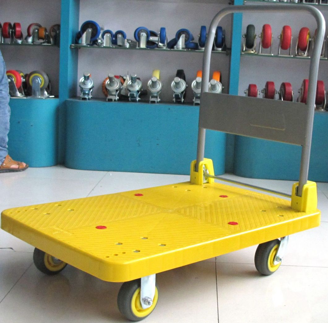 300kg Yellow Plastic Platform Hand Cart Noiseless Folding Trolley