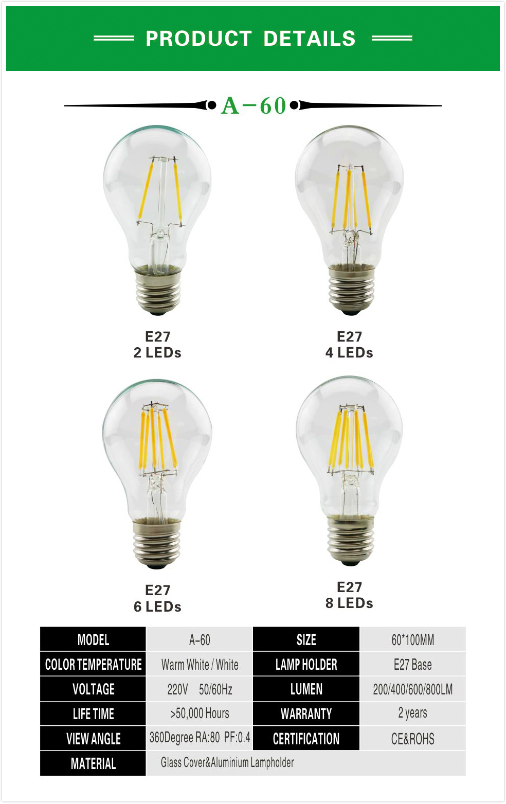 E27 A60 6W Long Filament LED Light Energy Saving Bulb