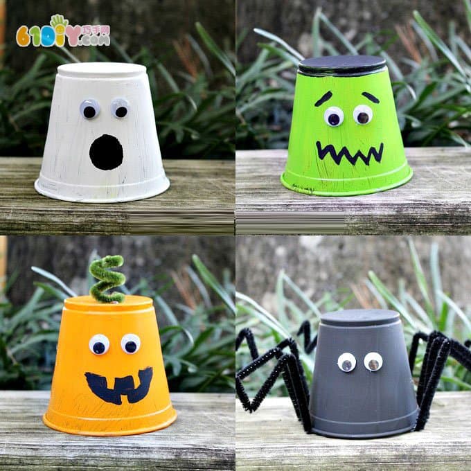 Children make disposable Halloween kids with disposable plastic cups