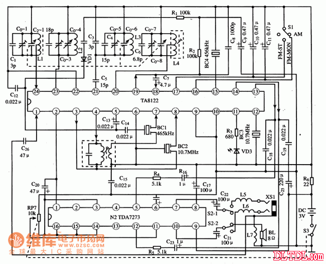 Typical application circuit of TA8122AN/AF integrated circuit