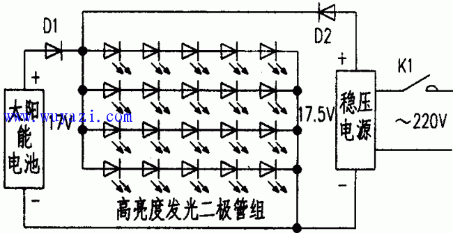 LED light circuit diagram powered by solar battery