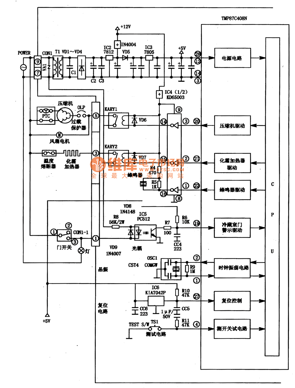 The internal circuit block diagram of the TMP87C408N integrated block and the left half of the typical application circuit