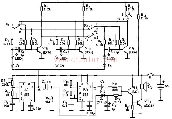 555 integrated sound and light synchronous touch ring metronome circuit