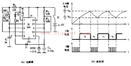 555 integrated sound and light signal metronome circuit and waveform